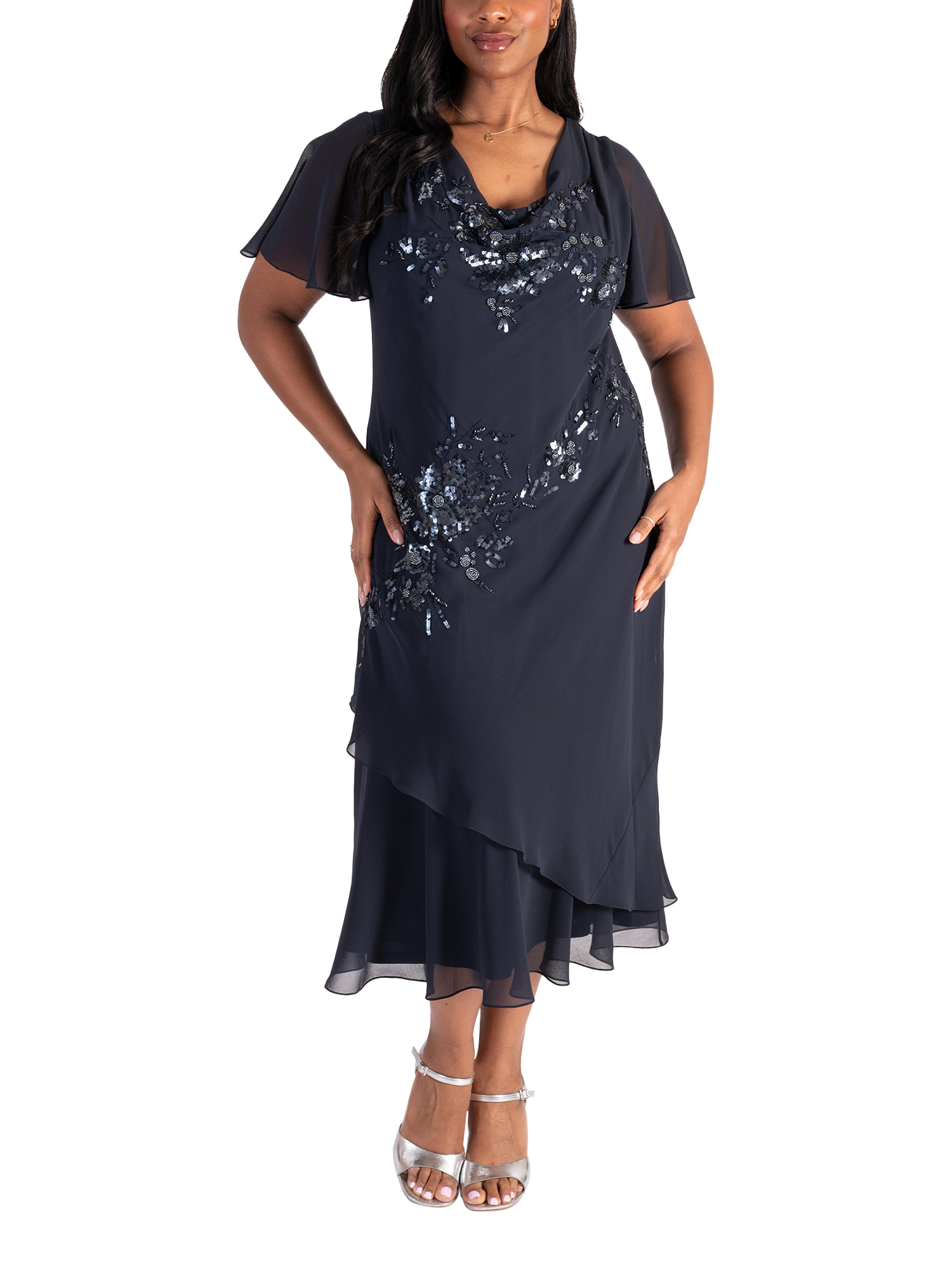Product image 5 of 7, which shows chesca Beaded Sequin Chiffon Dress, Navy/Gunmetal, 12-14