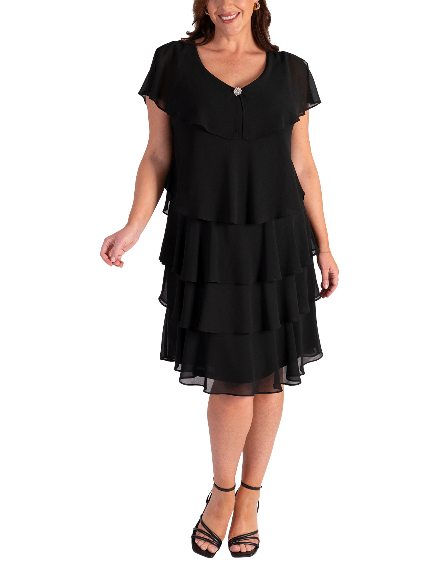 Product image 1 of 6, which shows chesca Chiffon Diamante Tiered Dress, Black, 10-12