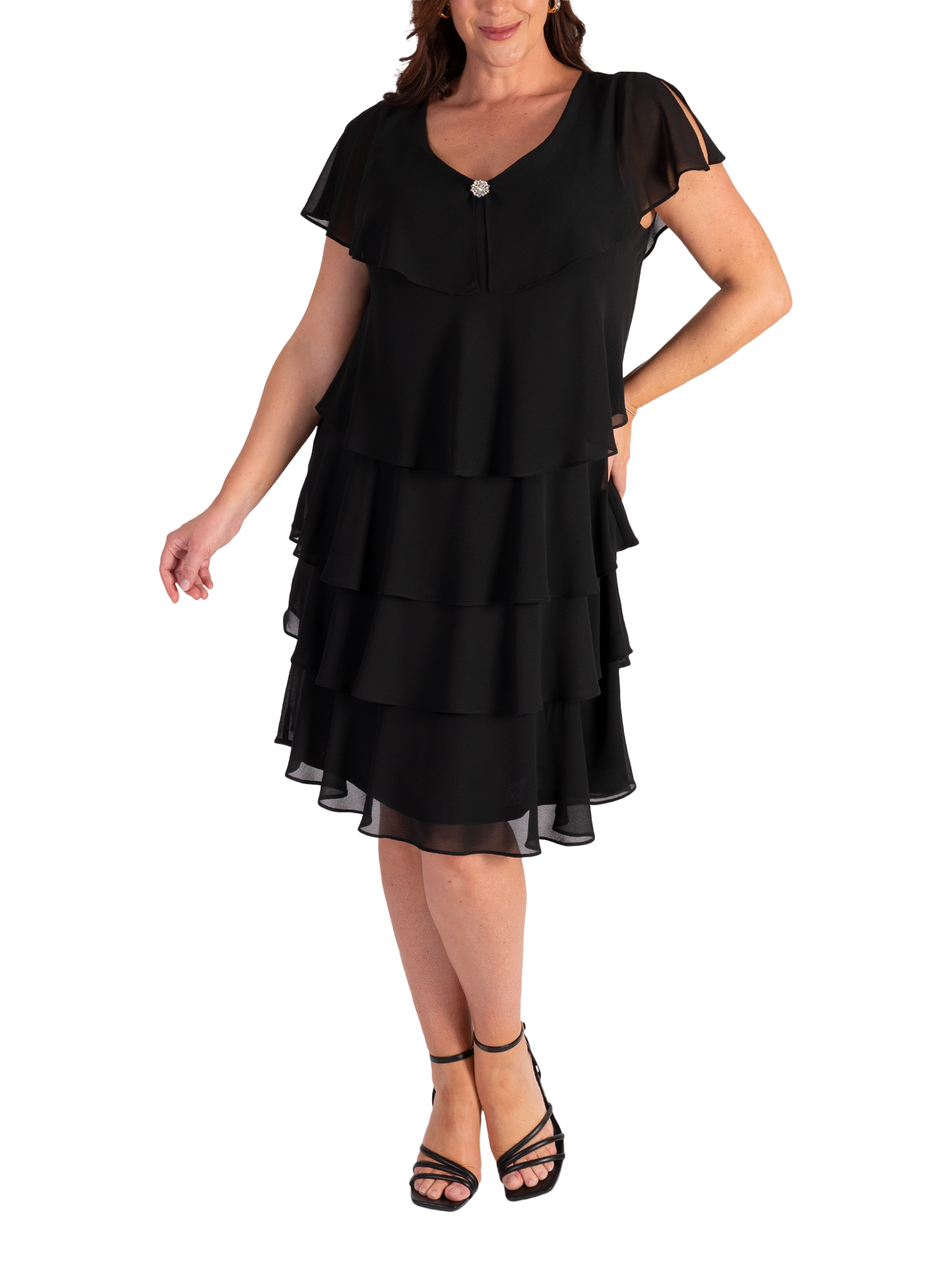 Product image 6 of 6, which shows chesca Chiffon Diamante Tiered Dress, Black, 10-12
