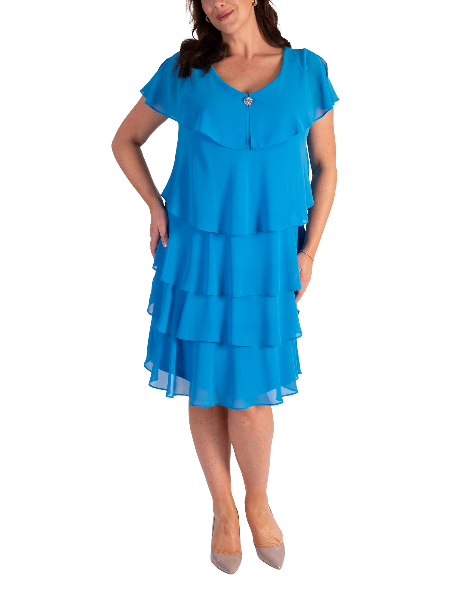 Product image 1 of 5, which shows chesca Chiffon Diamante Tiered Dress, Azure, 10-12