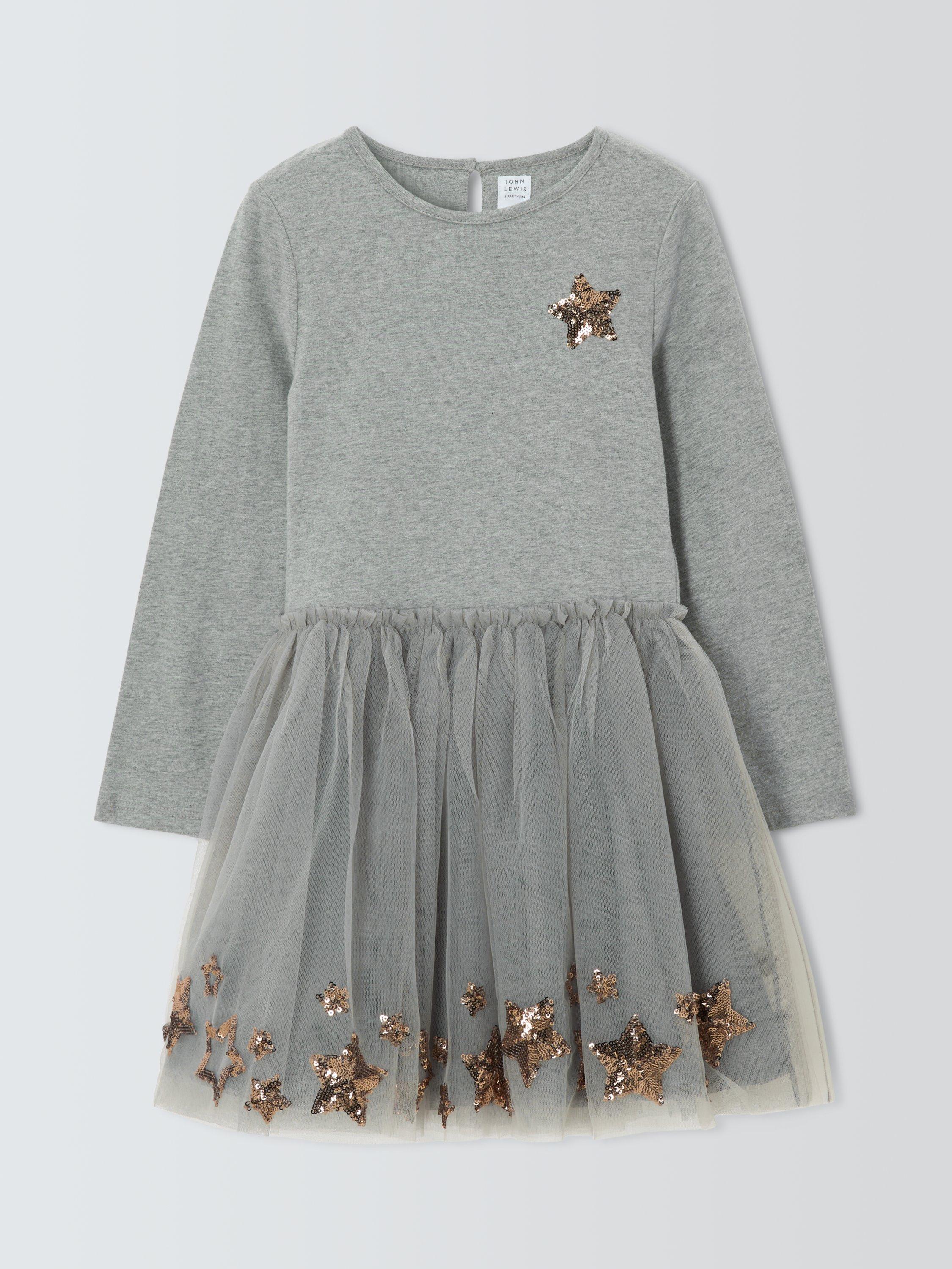 John Lewis Kids' Sequin Star Tulle Party Dress, Grey