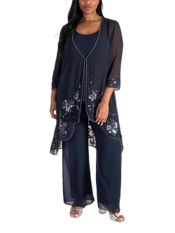 chesca Beaded Sequin Chiffon Coat, Navy/Gunmetal - view 2, Navy/Gunmetal
