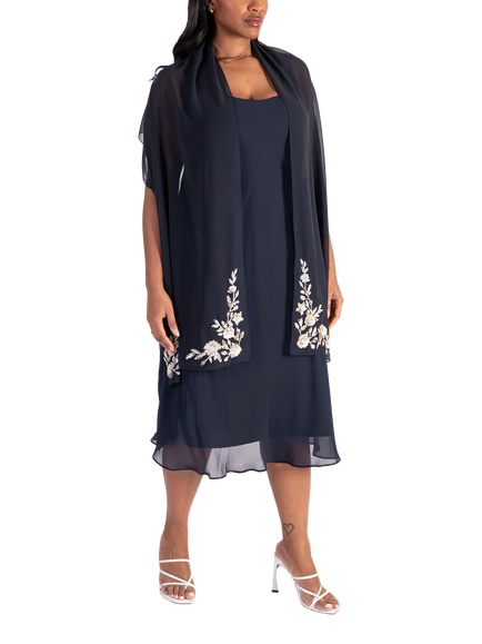 chesca Beaded Sequin Chiffon Shawl, Navy/White/Gold - view 2, Navy/White/Gold