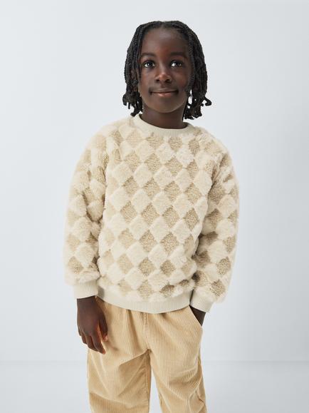 John Lewis Kids' Diamond Check Boucle Sweatshirt, Natural, Natural