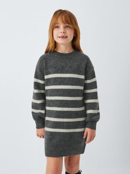 John Lewis Kids' Stripe Knit Jumper Dress, Grey Stripe, Grey Stripe