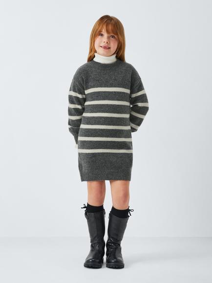 John Lewis Kids' Stripe Knit Jumper Dress, Grey Stripe - view 2, Grey Stripe