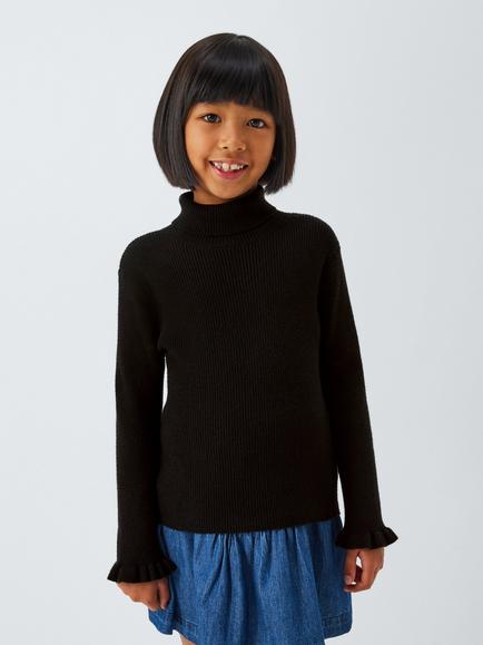 John Lewis Kids' Ribbed Roll Neck Top, Black, Black