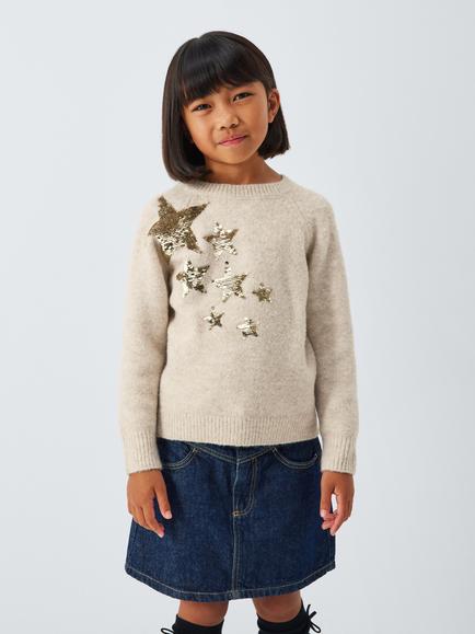 John Lewis Kids' Sequin Star Jumper, Cream, Cream