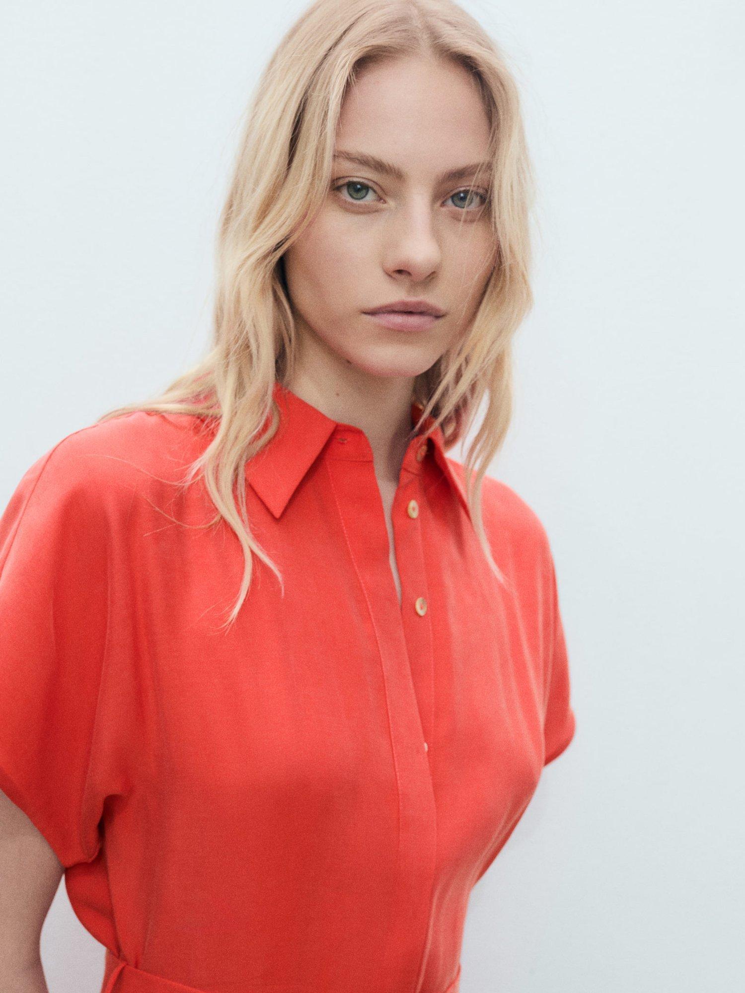 Product image 6 of 7, which shows Mango Macarela Belted Shirt Dress, Red, 6