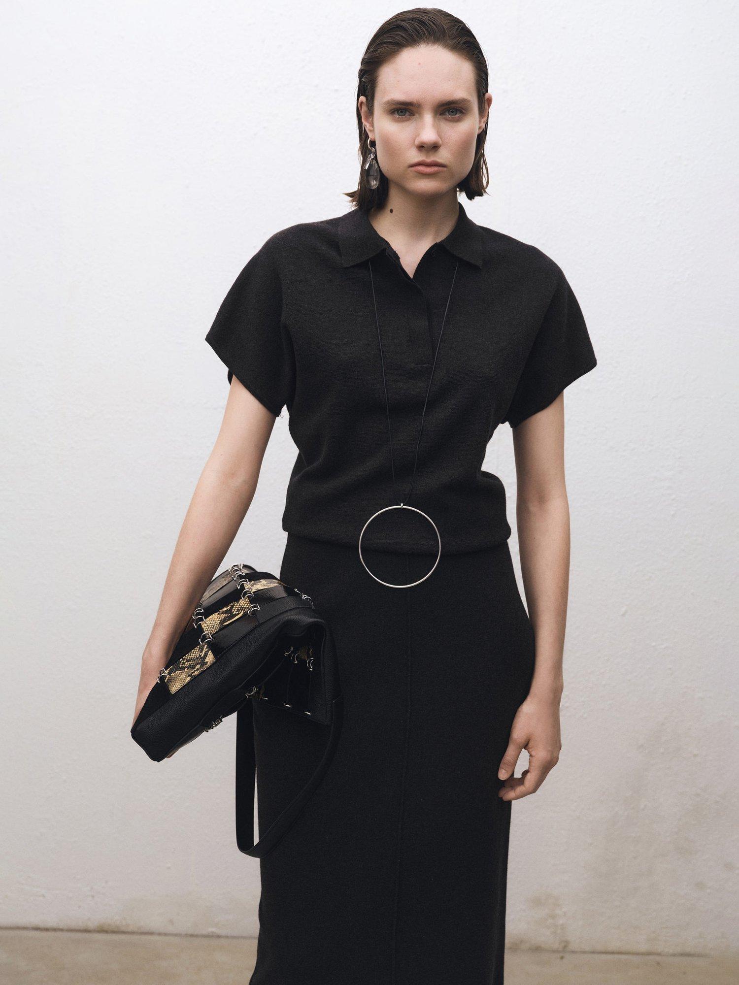 Product image 1 of 8, which shows Mango Adri Wool Blend Polo Knit Top, Charcoal, M