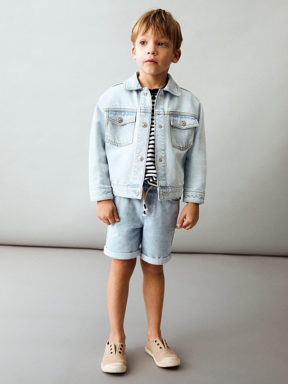 Product image 1 of 5, which shows Mango Kids' Cancun Denim Drawstring Shorts, Mid Blue, 12-18 months