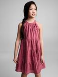 Mango Kids' Halterneck Broderie Cotton Dress, Medium Red