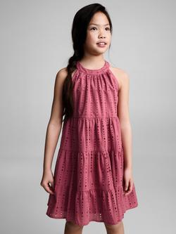 Mango Kids' Halterneck Broderie Cotton Dress, Medium Red, Medium Red