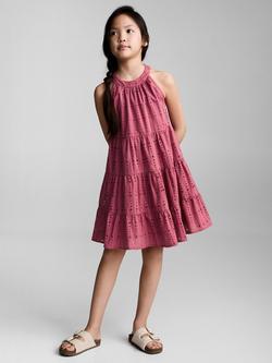 Mango Kids' Halterneck Broderie Cotton Dress, Medium Red - view 2, Medium Red