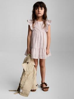 Mango Kids' Cotton Tiered Frill Striped Print Dress, Red, Red