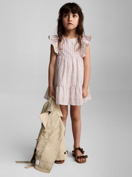 Mango Kids' Cotton Tiered Frill Striped Print Dress, Red, Red