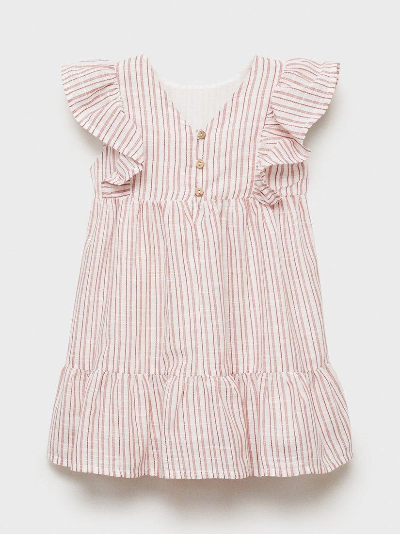 Product image 2 of 6, which shows Mango Kids' Cotton Tiered Frill Striped Print Dress, Red, 18-24 months