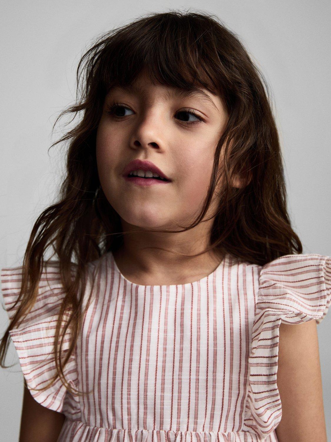 Product image 5 of 6, which shows Mango Kids' Cotton Tiered Frill Striped Print Dress, Red, 18-24 months