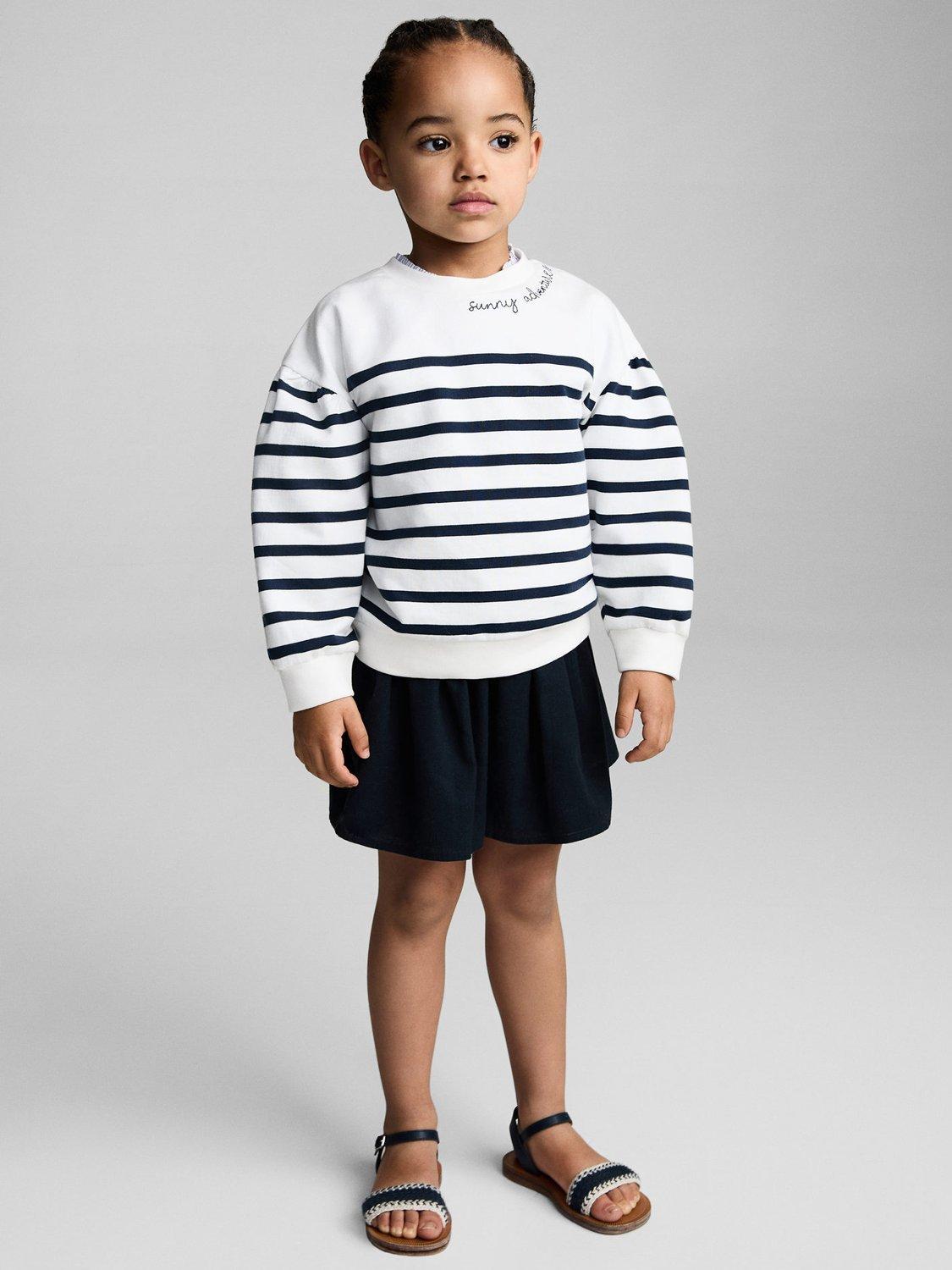 Product image 1 of 6, which shows Mango Kids' Cotton Log Sleeved Striped Sweatshirt, Navy, 9-12 months