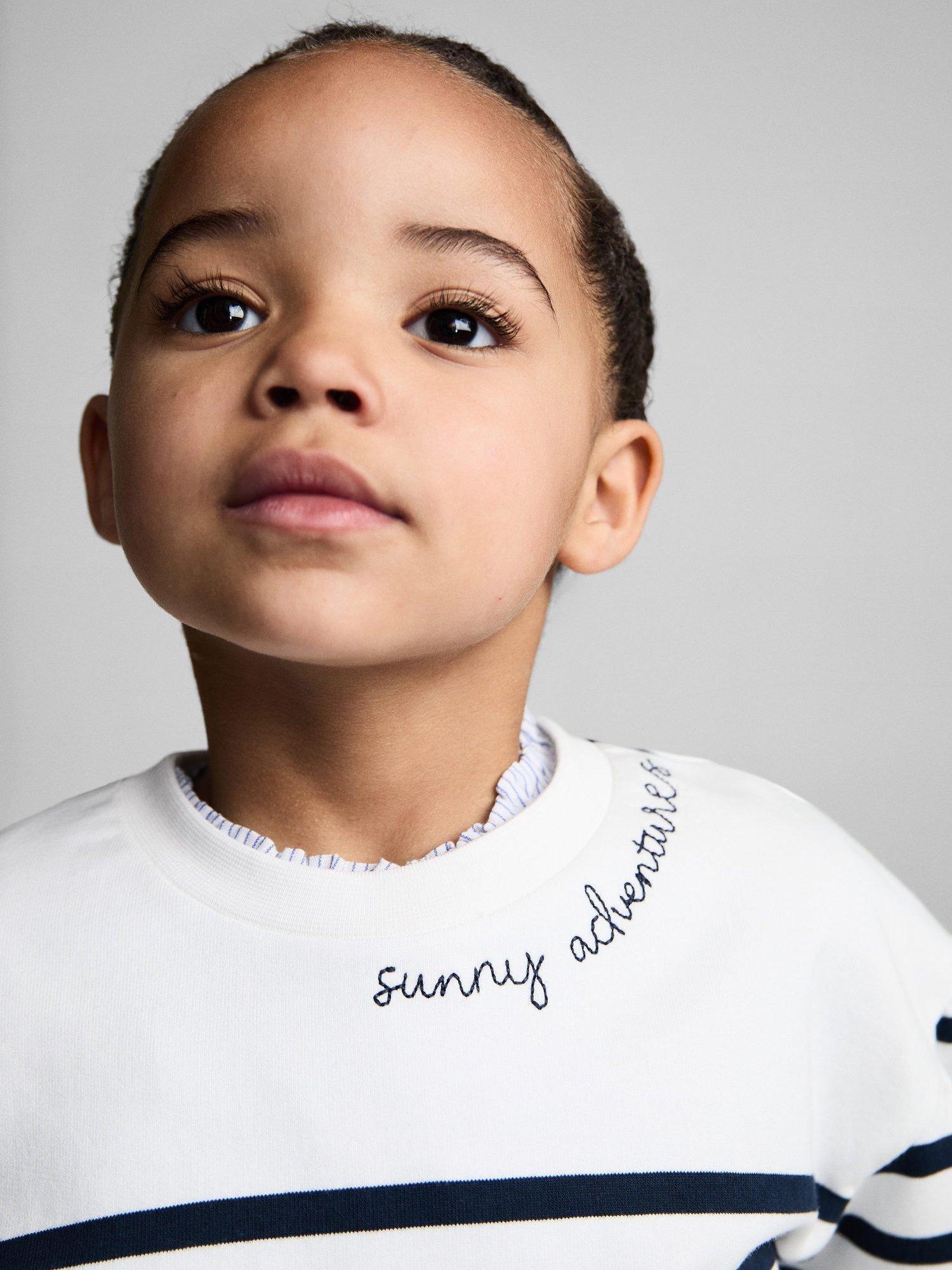 Product image 5 of 6, which shows Mango Kids' Cotton Log Sleeved Striped Sweatshirt, Navy, 9-12 months