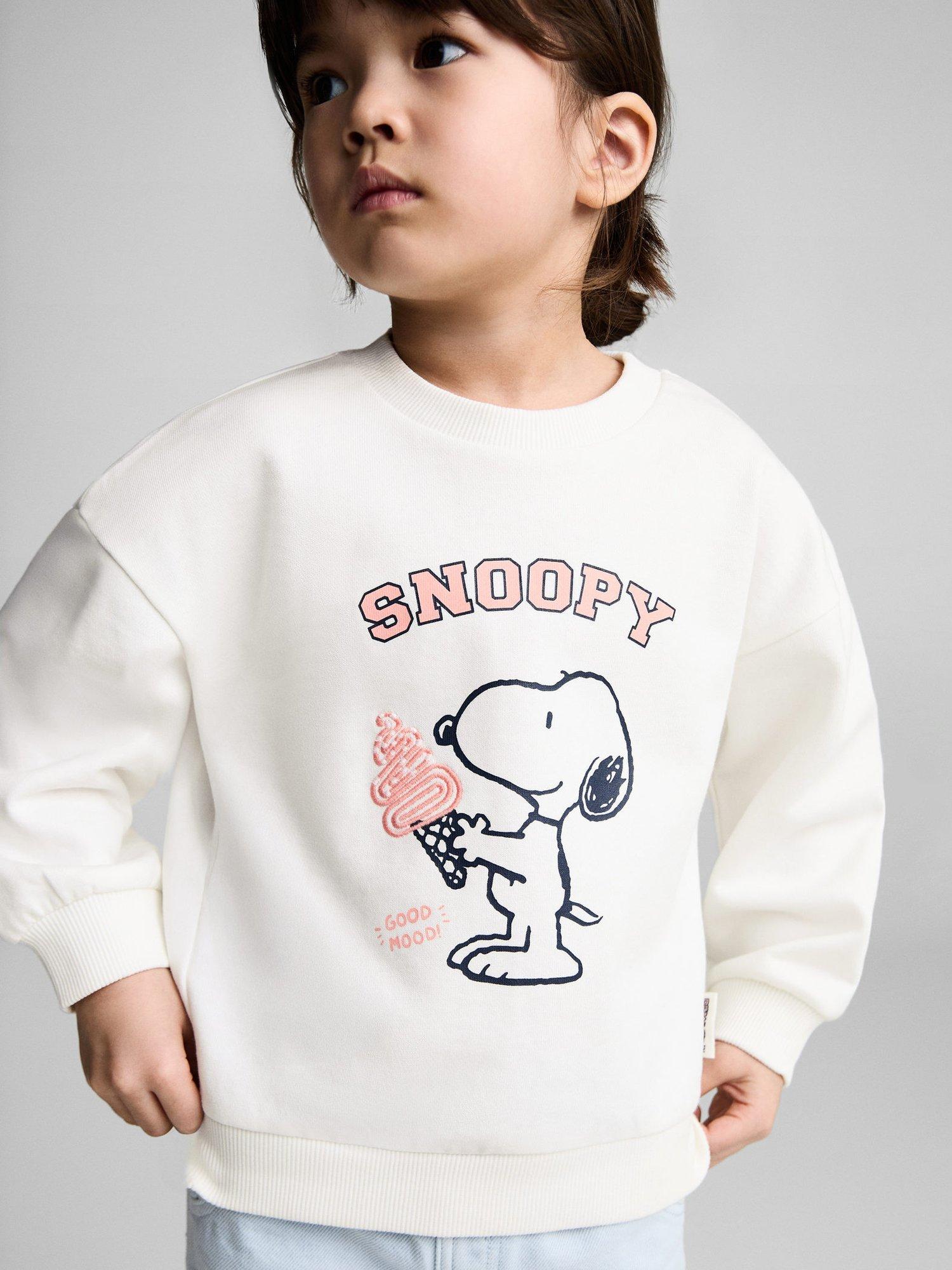 Product image 1 of 7, which shows Mango Kids' Syice Snoopy Graphic Print Cotton Jumper, Natural White, 12-18 months