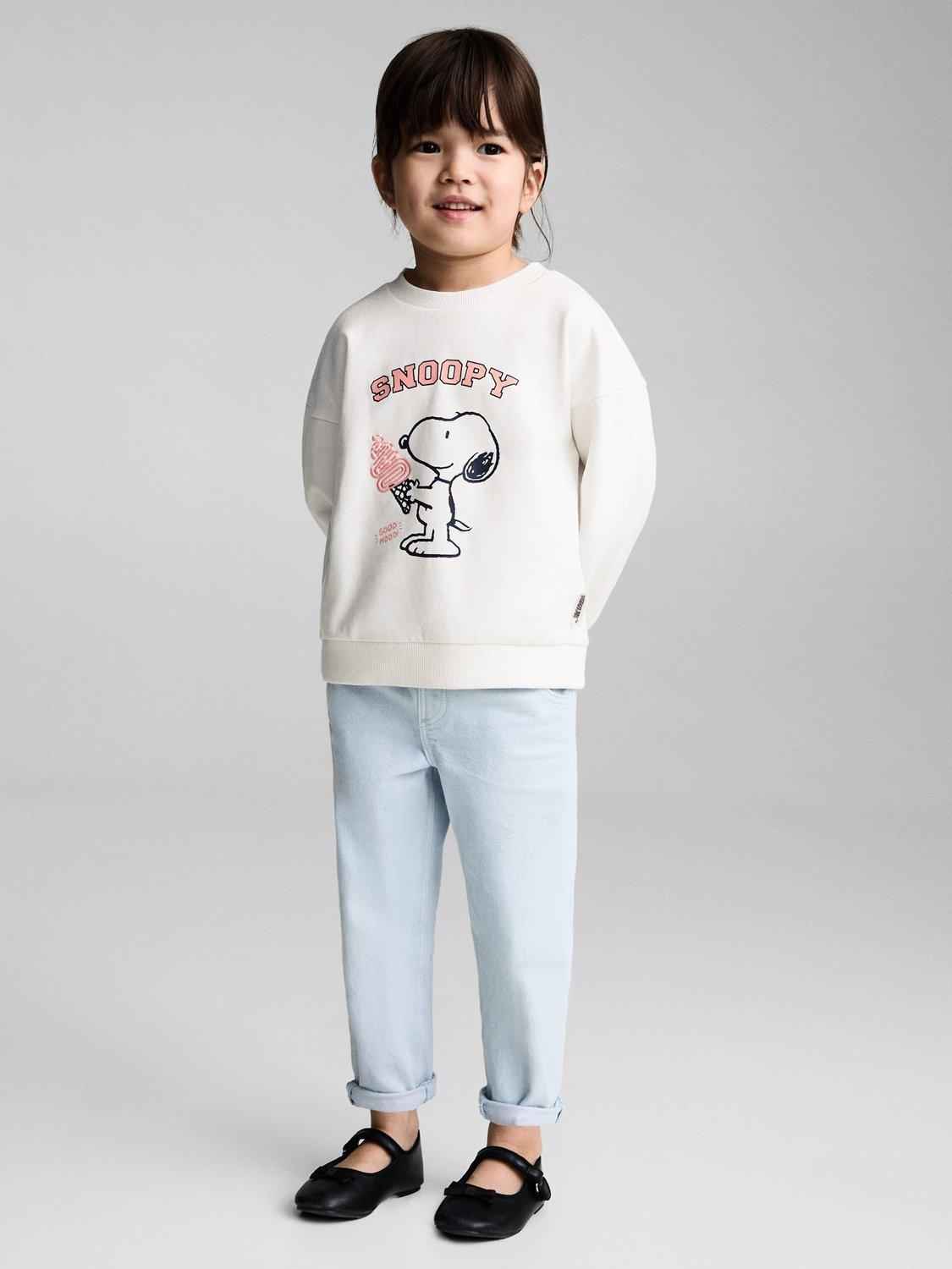 Product image 2 of 7, which shows Mango Kids' Syice Snoopy Graphic Print Cotton Jumper, Natural White, 12-18 months