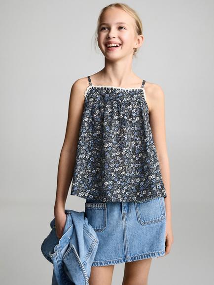 Mango Kids' Flora Cotton Sleeveless Floral Print Top, Medium Blue, Medium Blue