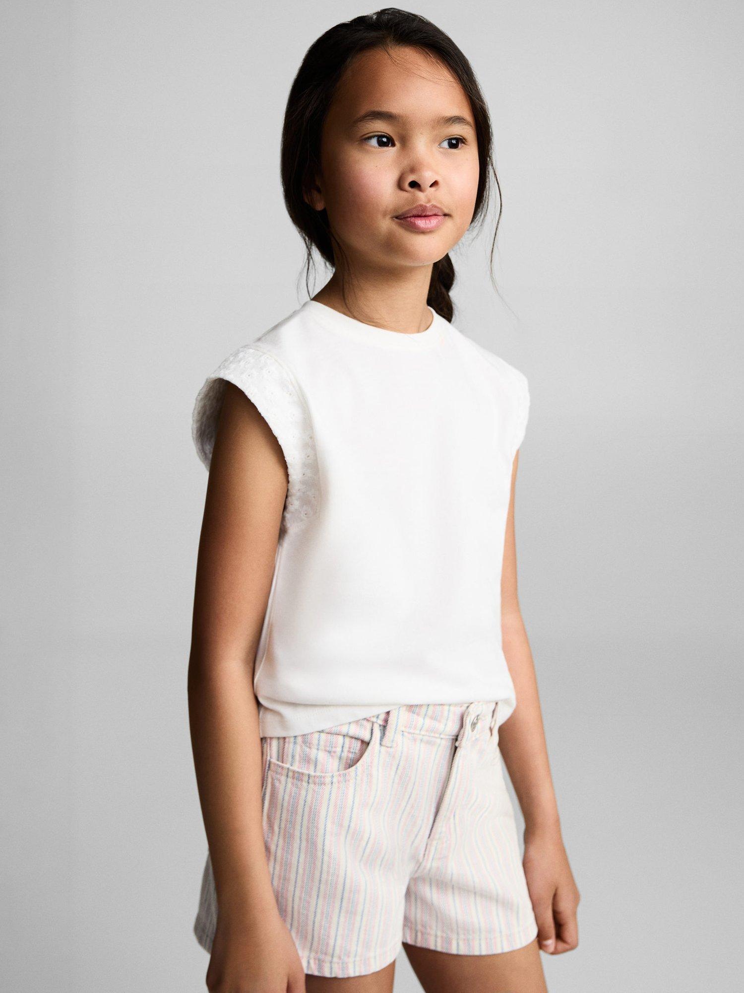 Product image 1 of 6, which shows Mango Kids' Cotton Stripe Shorts, Light Beige, 10 years