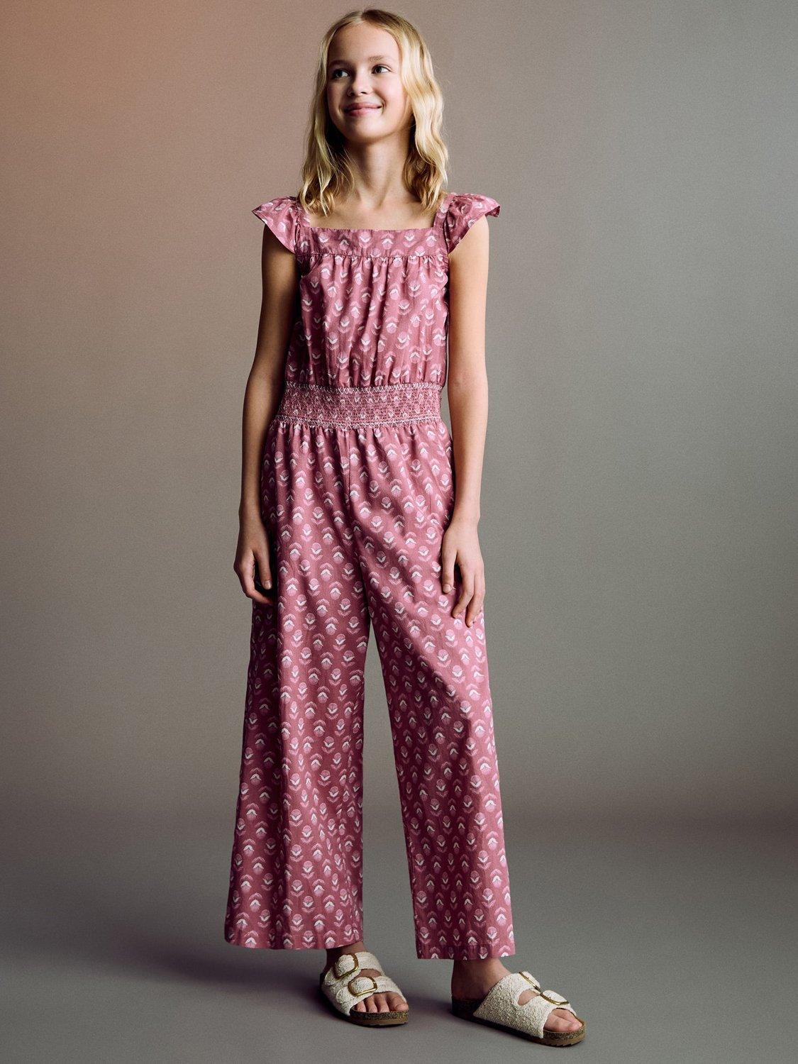 Product image 1 of 6, which shows Mango Kids' Calcutta Cotton Floral Jumpsuit, Medium Red, 6 years