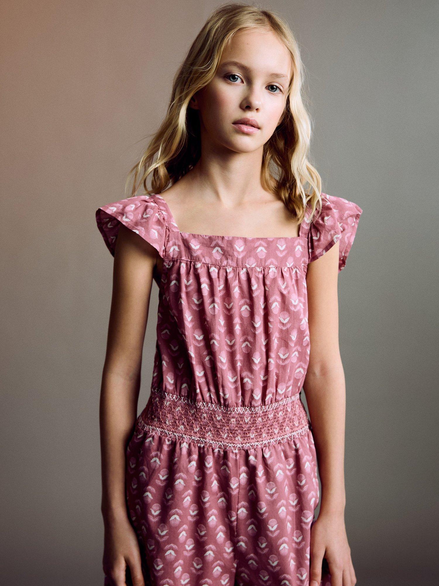 Product image 2 of 6, which shows Mango Kids' Calcutta Cotton Floral Jumpsuit, Medium Red, 6 years