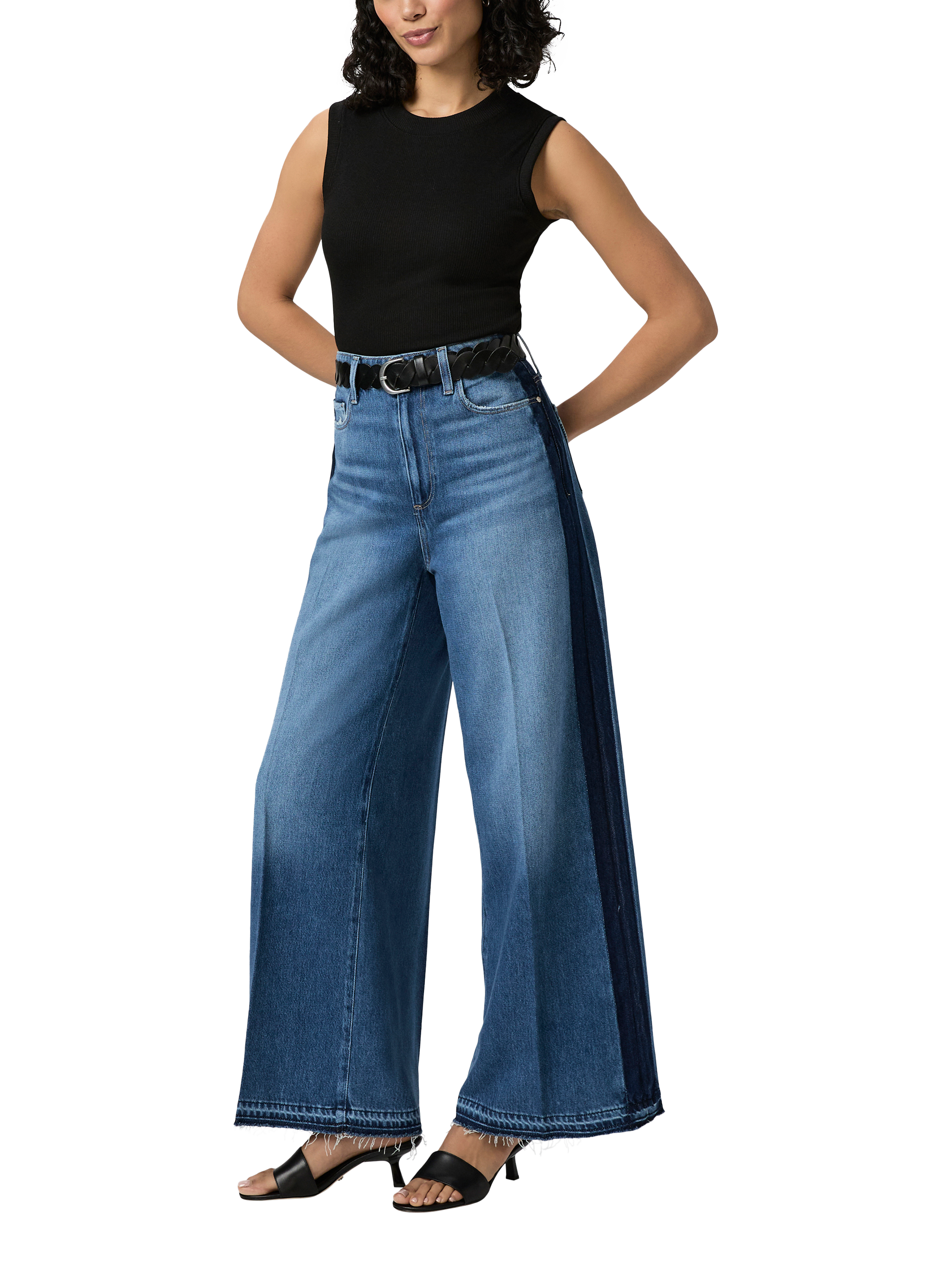 Product image 1 of 4, which shows PAIGE Portia High Waist Wide Leg Jeans, Blue/Dark Blue, 24