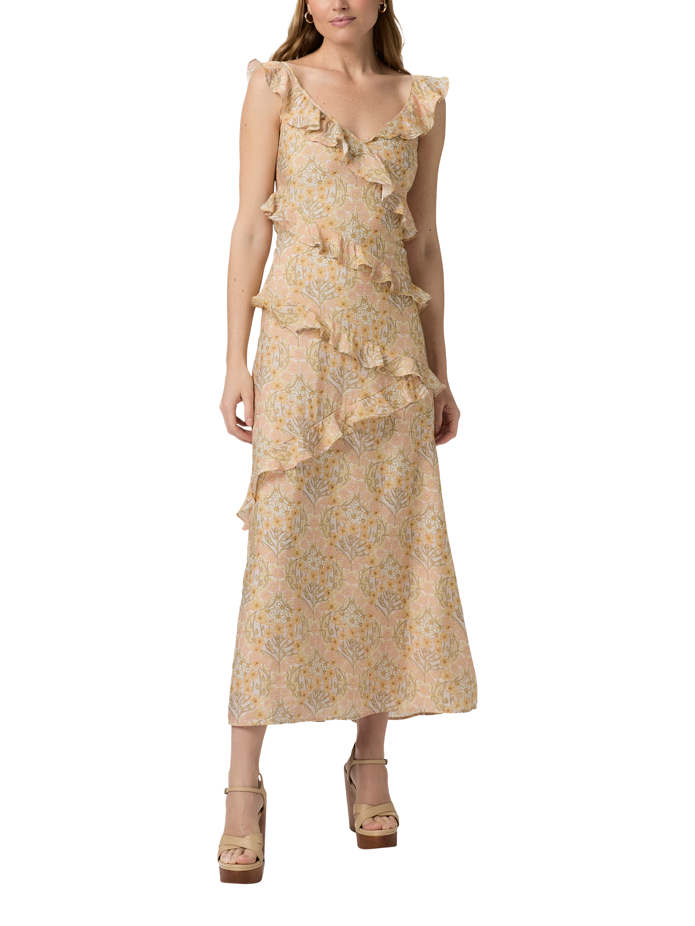 Product image 1 of 3, which shows PAIGE Calabasas Sleeveless Ruffle Floral Print Midi Dress, Multi, 6