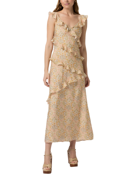 PAIGE Calabasas Sleeveless Ruffle Floral Print Midi Dress, Multi, Multi
