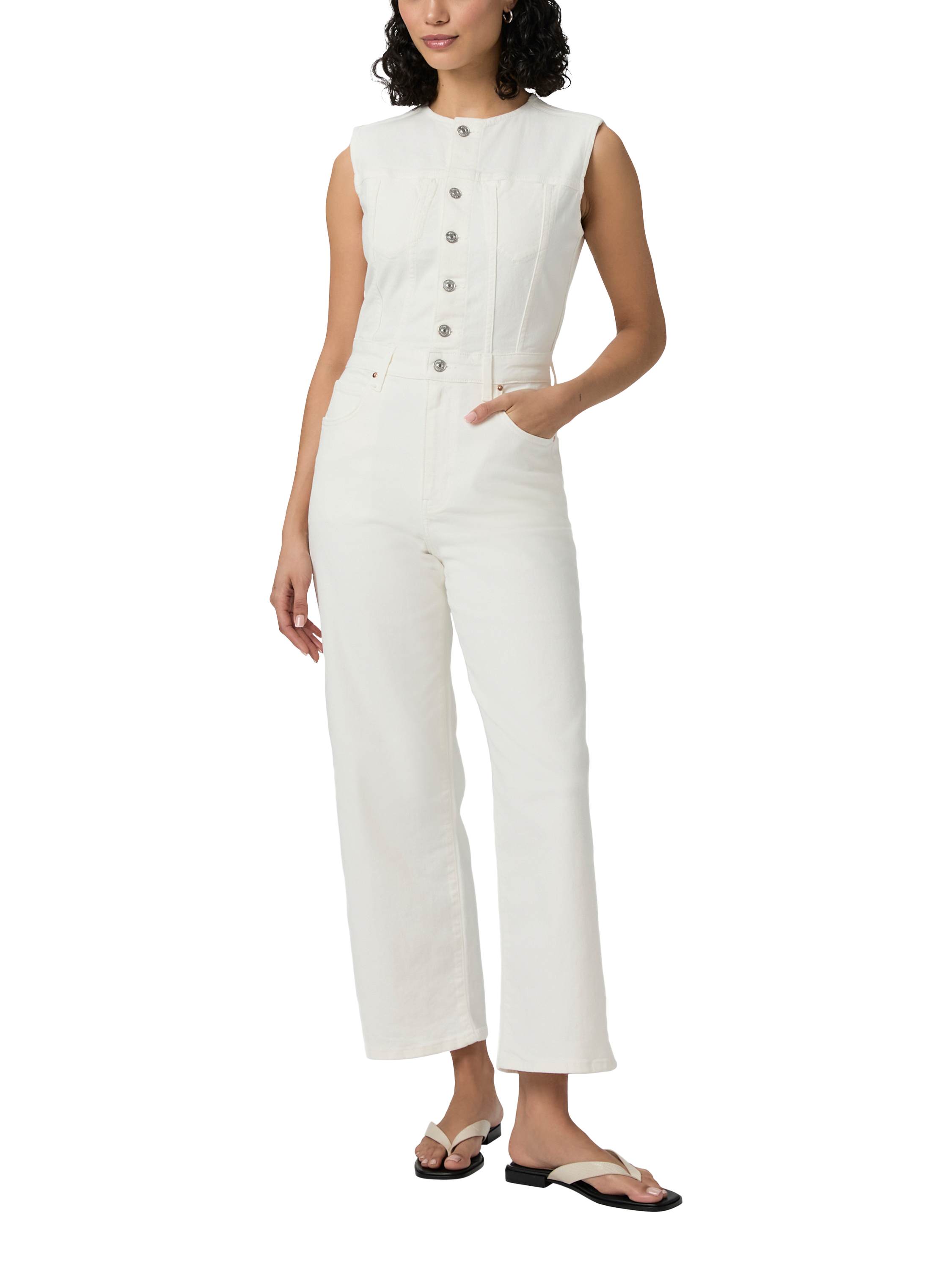 Product image 1 of 4, which shows PAIGE Cirie Sleeveless Denim Ankle Jumpsuit, White, 10