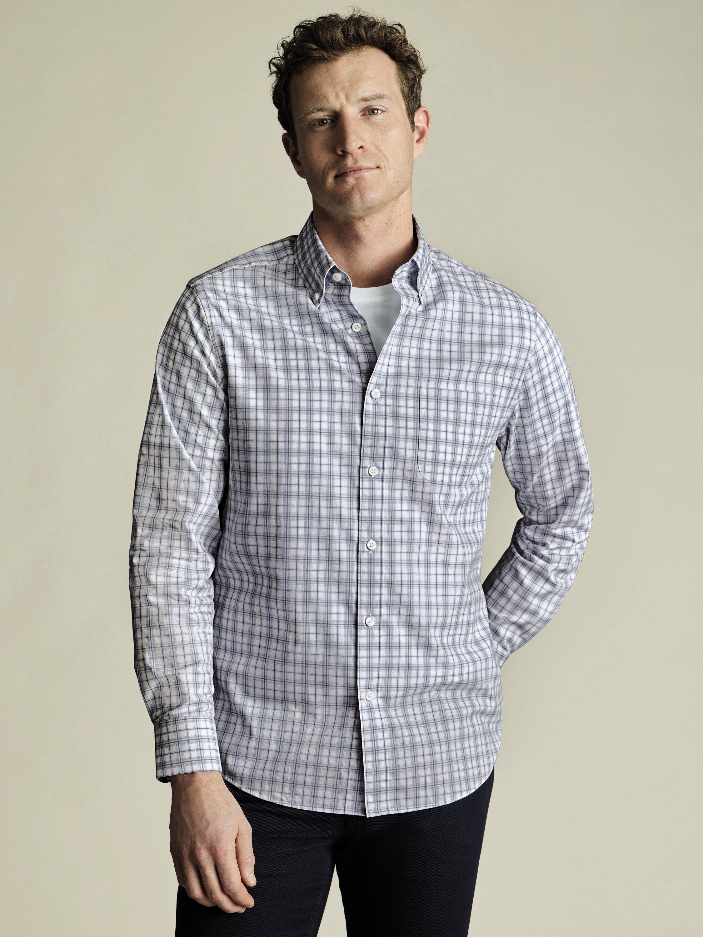 Product image 1 of 6, which shows Charles Tyrwhitt Cotton Check Slim Fit Button-Down Collar Shirt, Silver Grey, S
