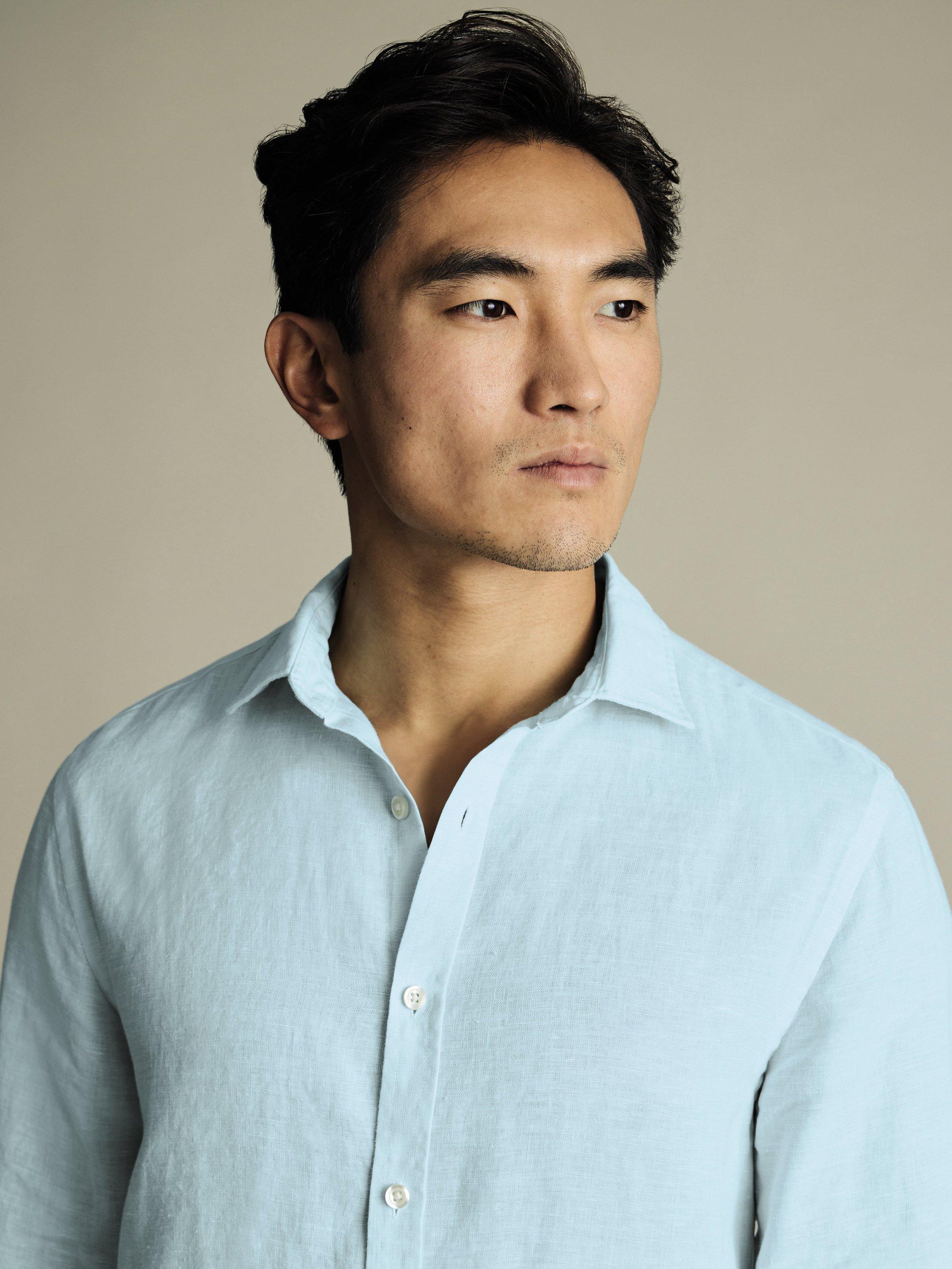 Product image 2 of 6, which shows Charles Tyrwhitt Linen Slim Fit Shirt, Aqua Green, S