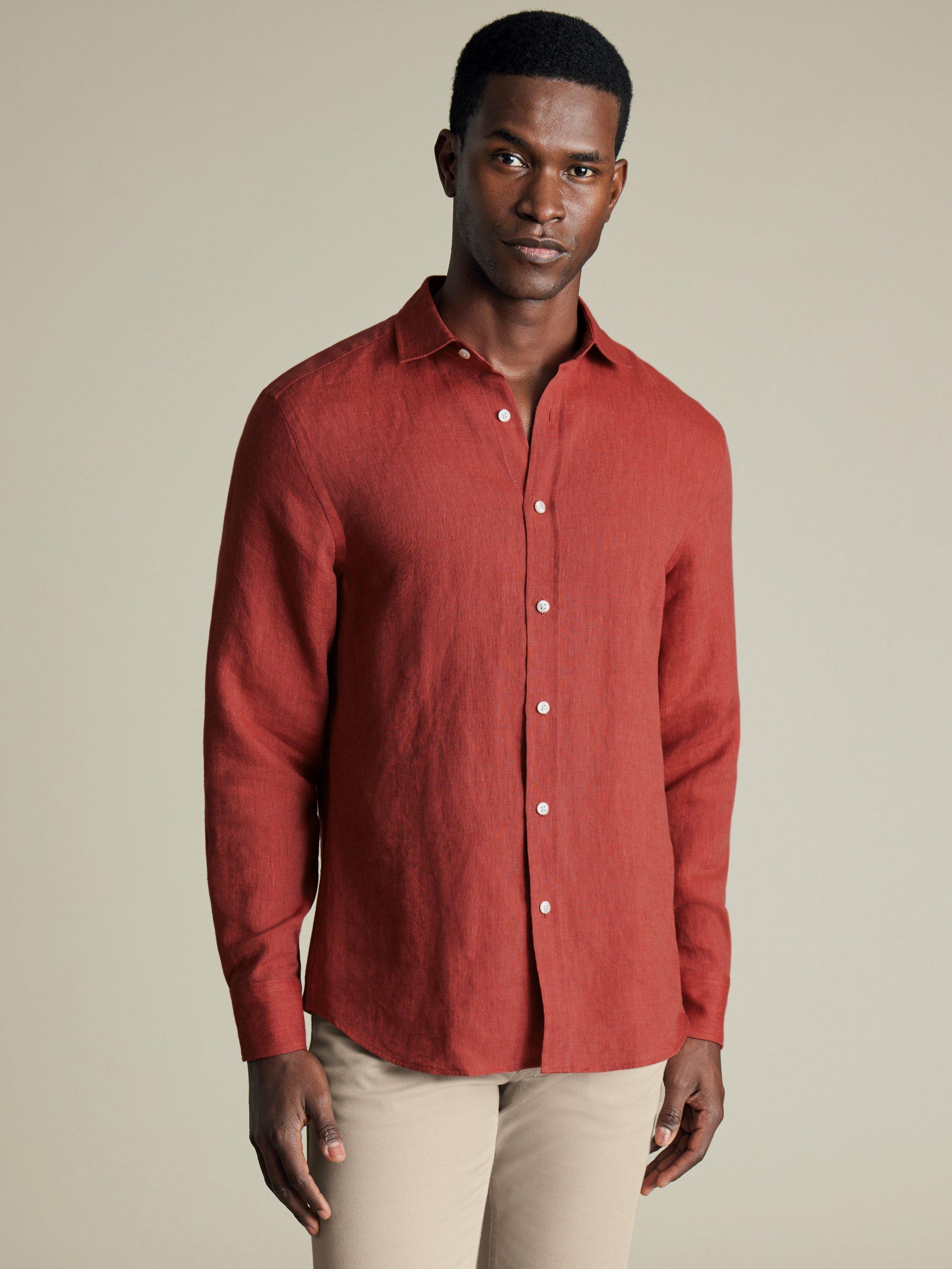Product image 1 of 6, which shows Charles Tyrwhitt Linen Slim Fit Shirt, Rust, S