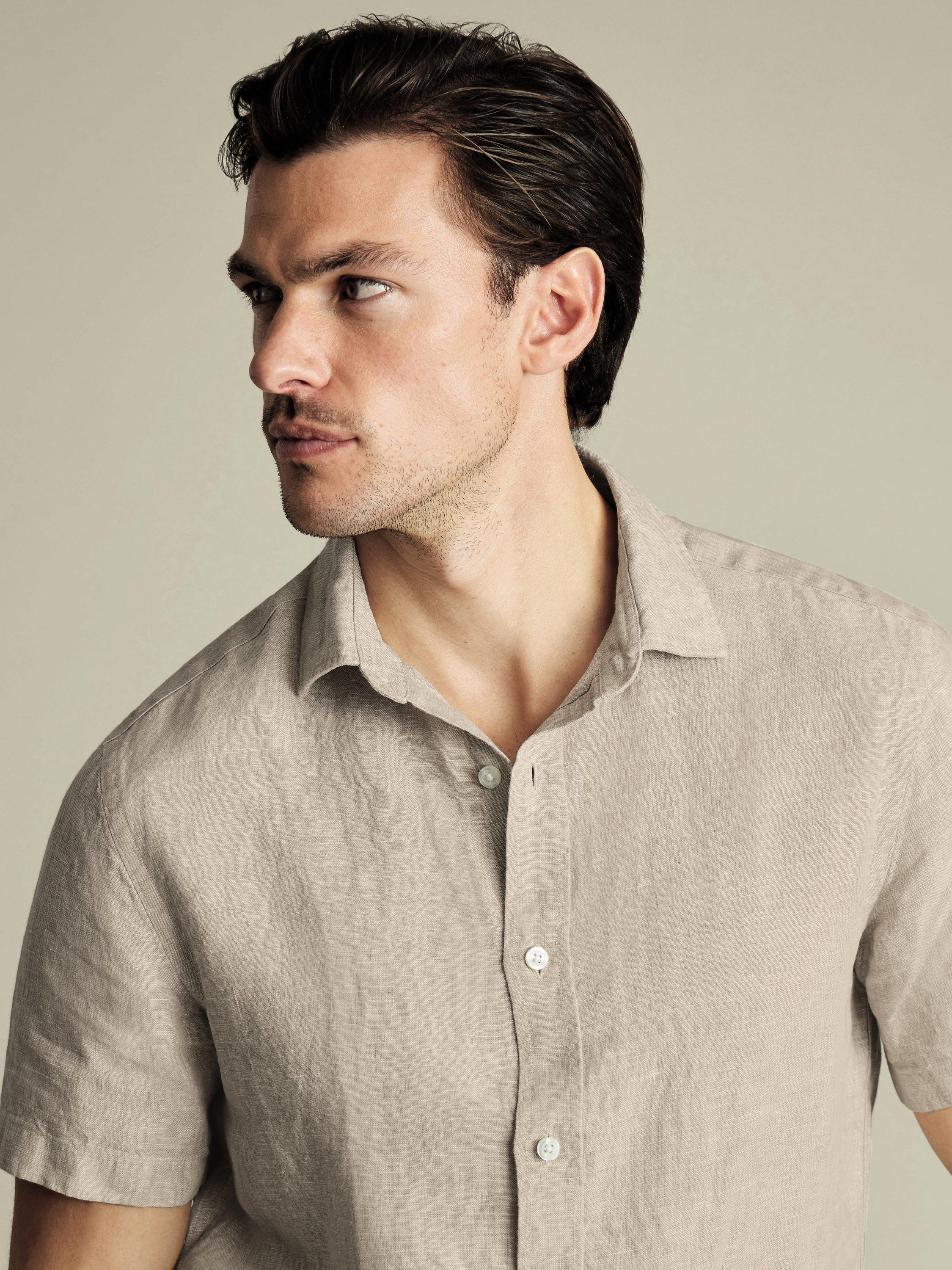 Product image 2 of 5, which shows Charles Tyrwhitt Linen Slim Fit Short Sleeve Shirt, Oatmeal, S