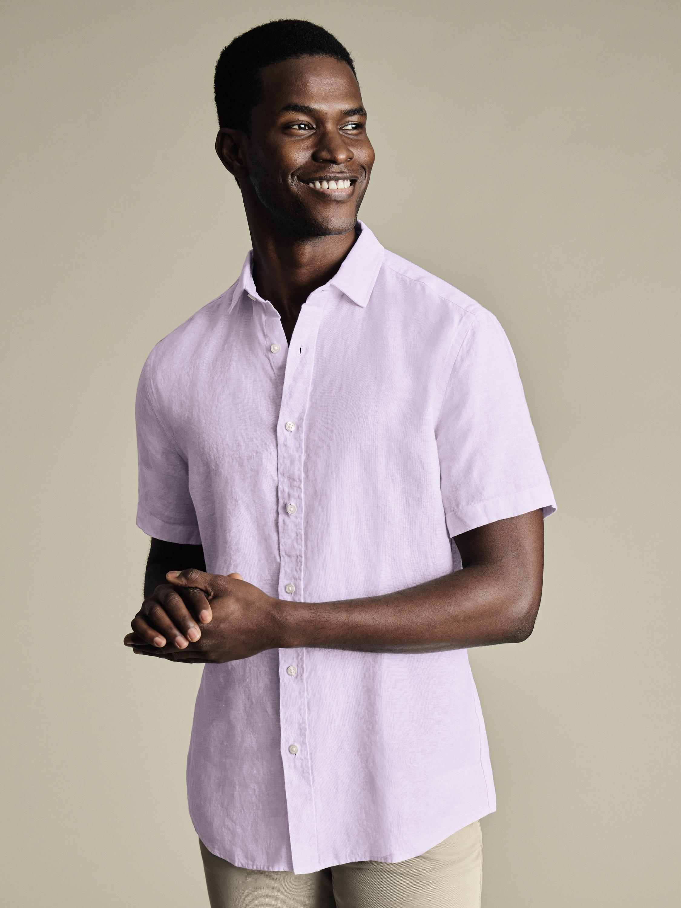 Product image 1 of 5, which shows Charles Tyrwhitt Linen Slim Fit Short Sleeve Shirt, Lilac Purple, S