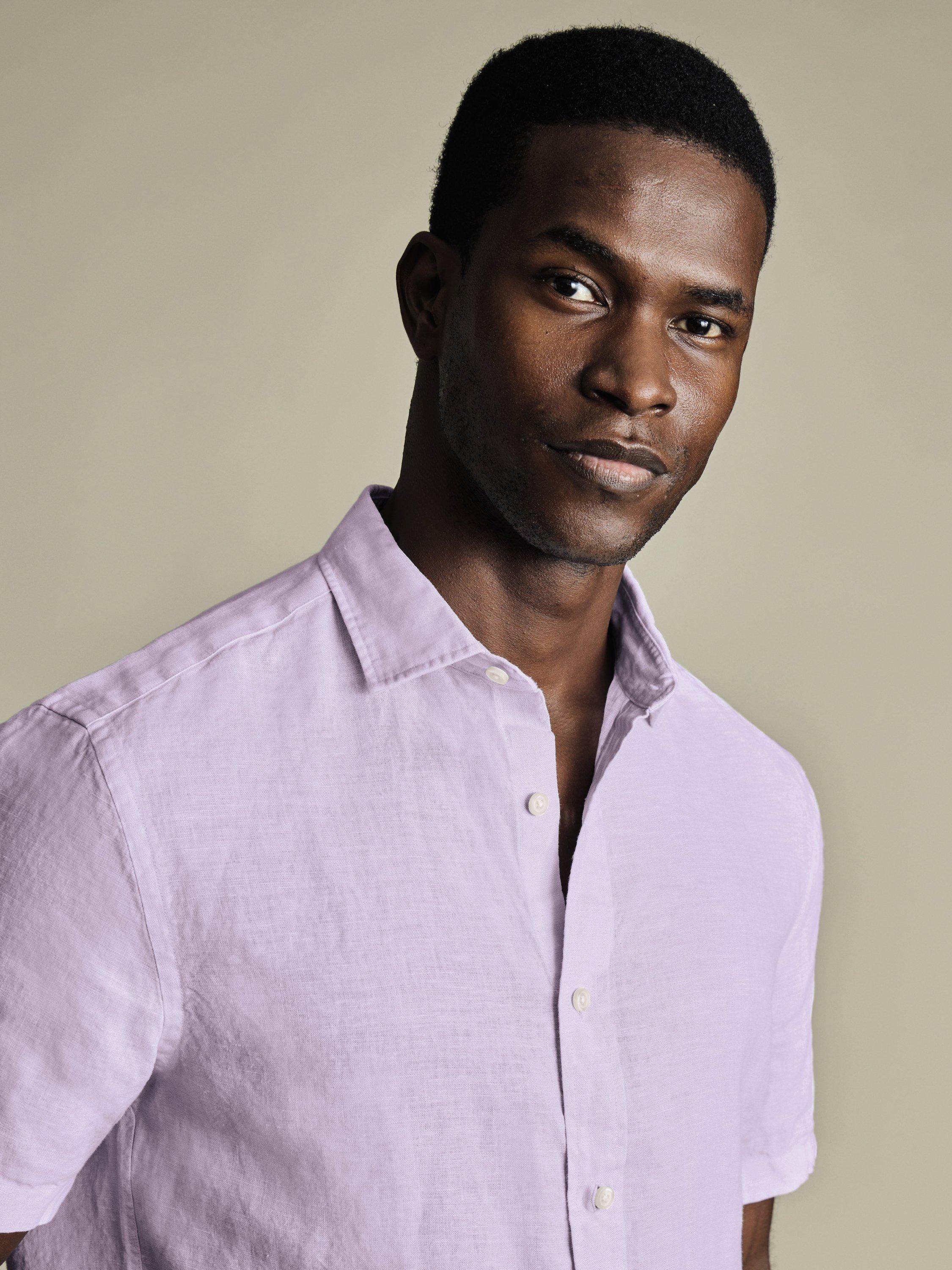 Product image 2 of 5, which shows Charles Tyrwhitt Linen Slim Fit Short Sleeve Shirt, Lilac Purple, S