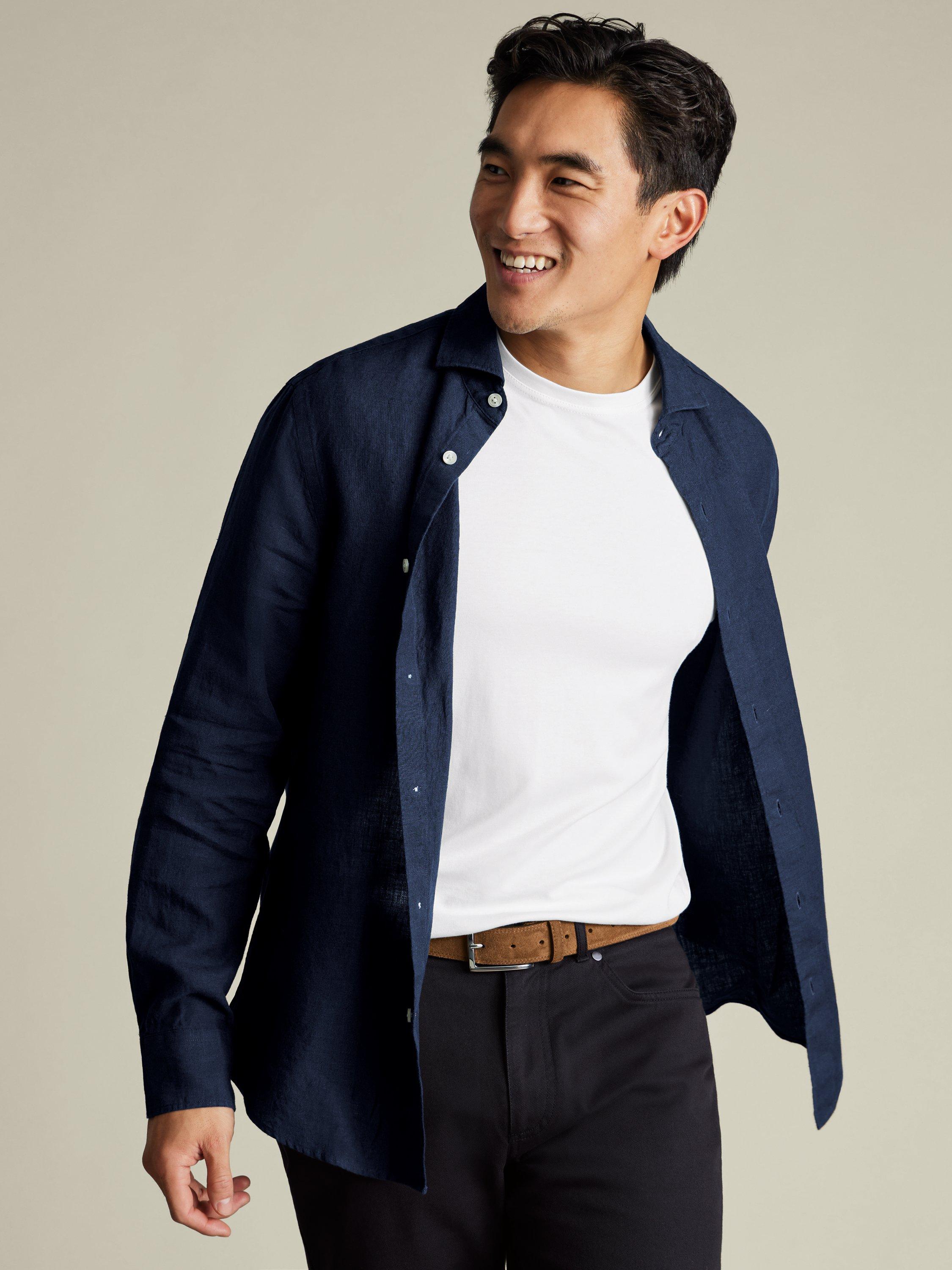 Product image 1 of 6, which shows Charles Tyrwhitt Linen Slim Fit Shirt, Navy, S