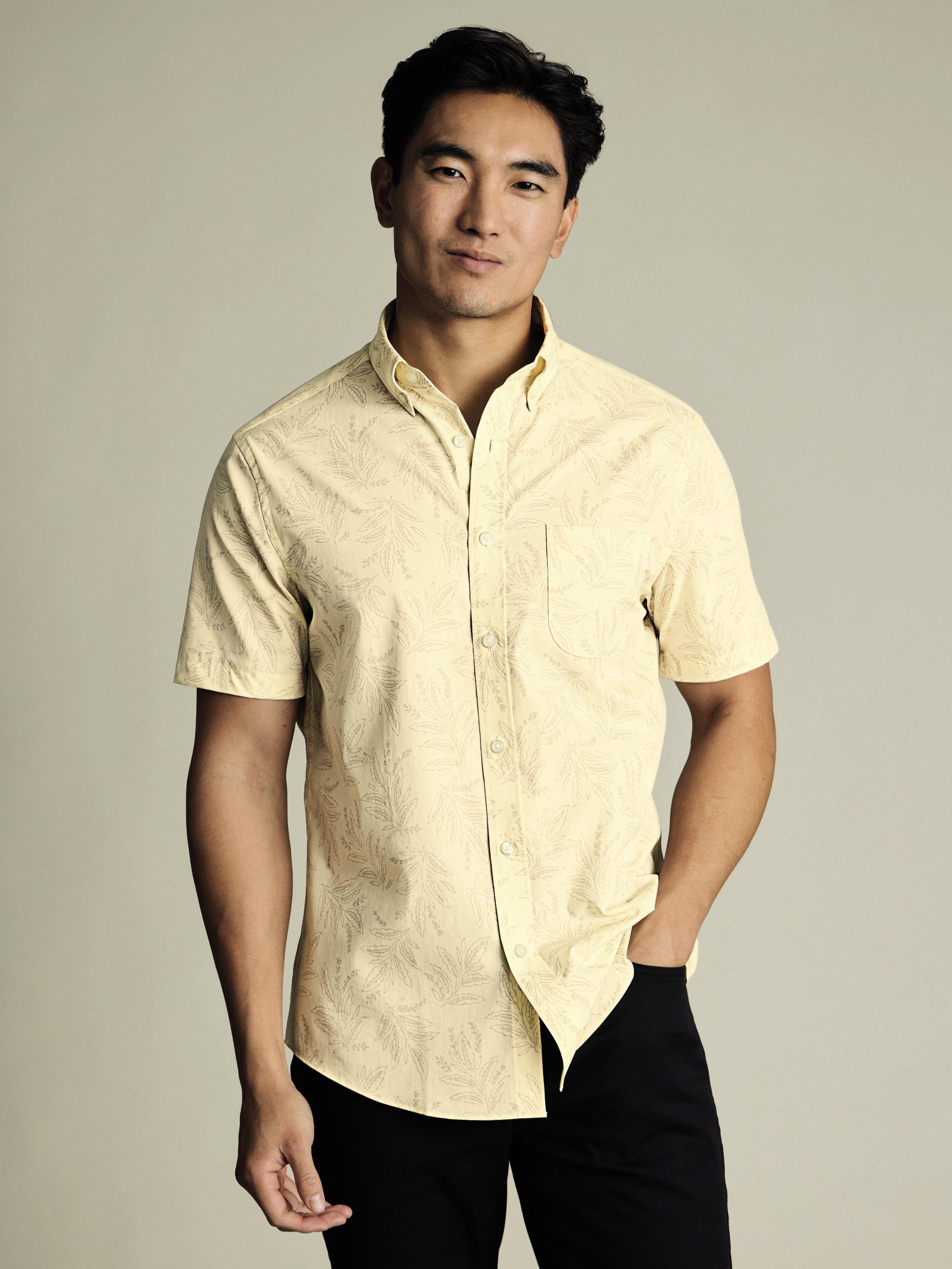 Product image 1 of 5, which shows Charles Tyrwhitt Cotton Floral Leaf Slim Fit Button-Down Collar Short Sleeve Shirt, Cream, S