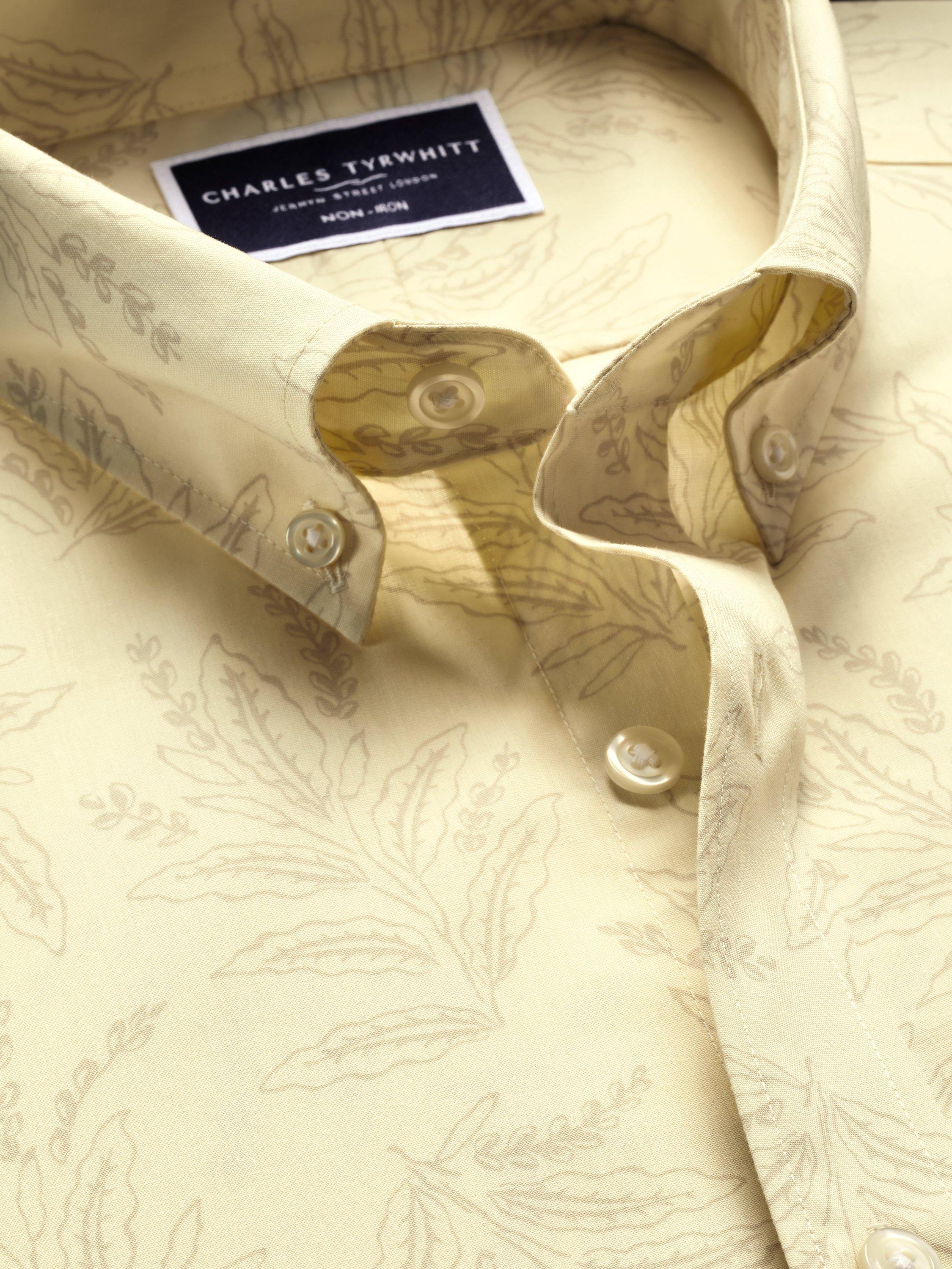 Product image 3 of 5, which shows Charles Tyrwhitt Cotton Floral Leaf Slim Fit Button-Down Collar Short Sleeve Shirt, Cream, S