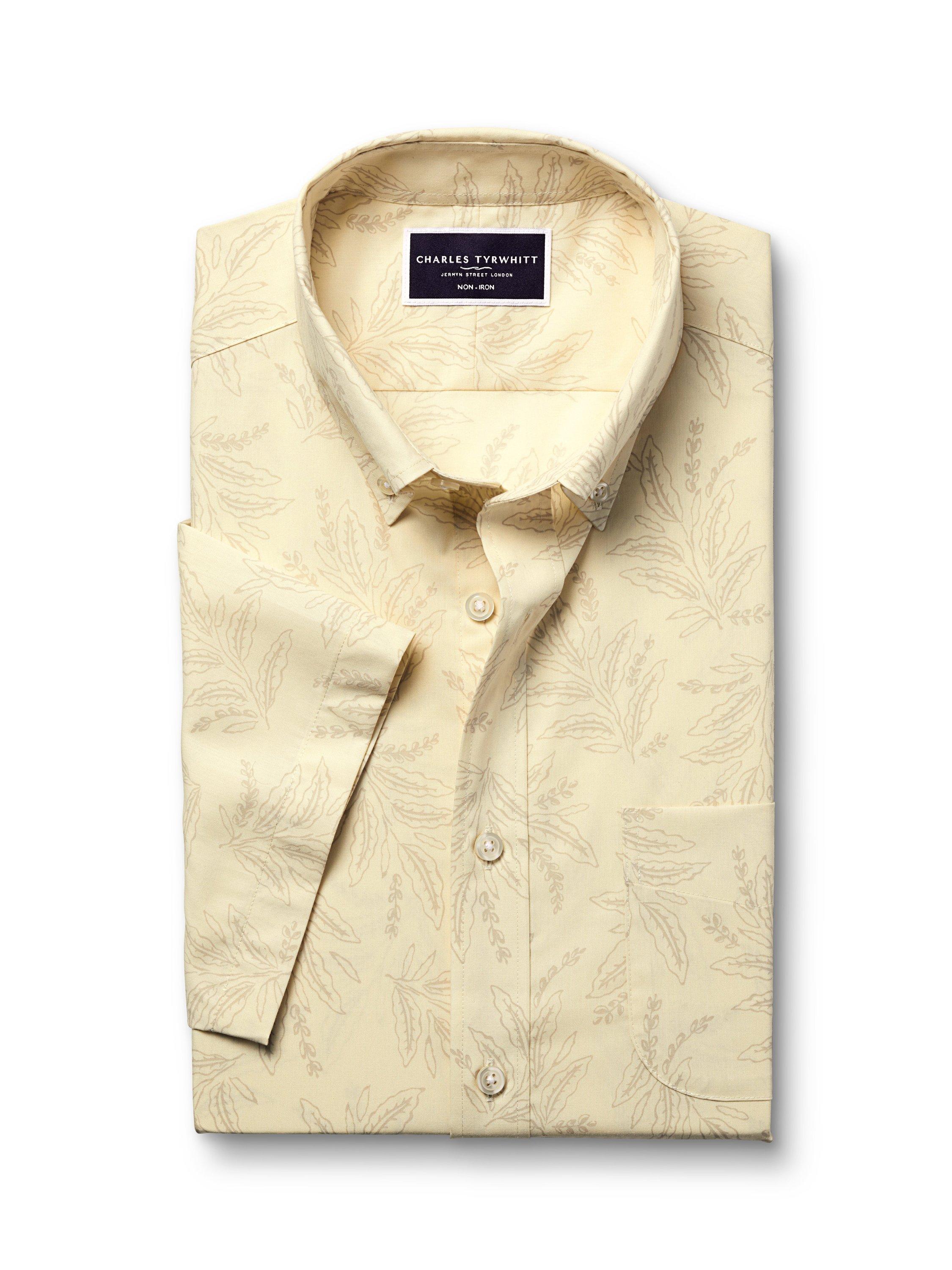 Product image 4 of 5, which shows Charles Tyrwhitt Cotton Floral Leaf Slim Fit Button-Down Collar Short Sleeve Shirt, Cream, S