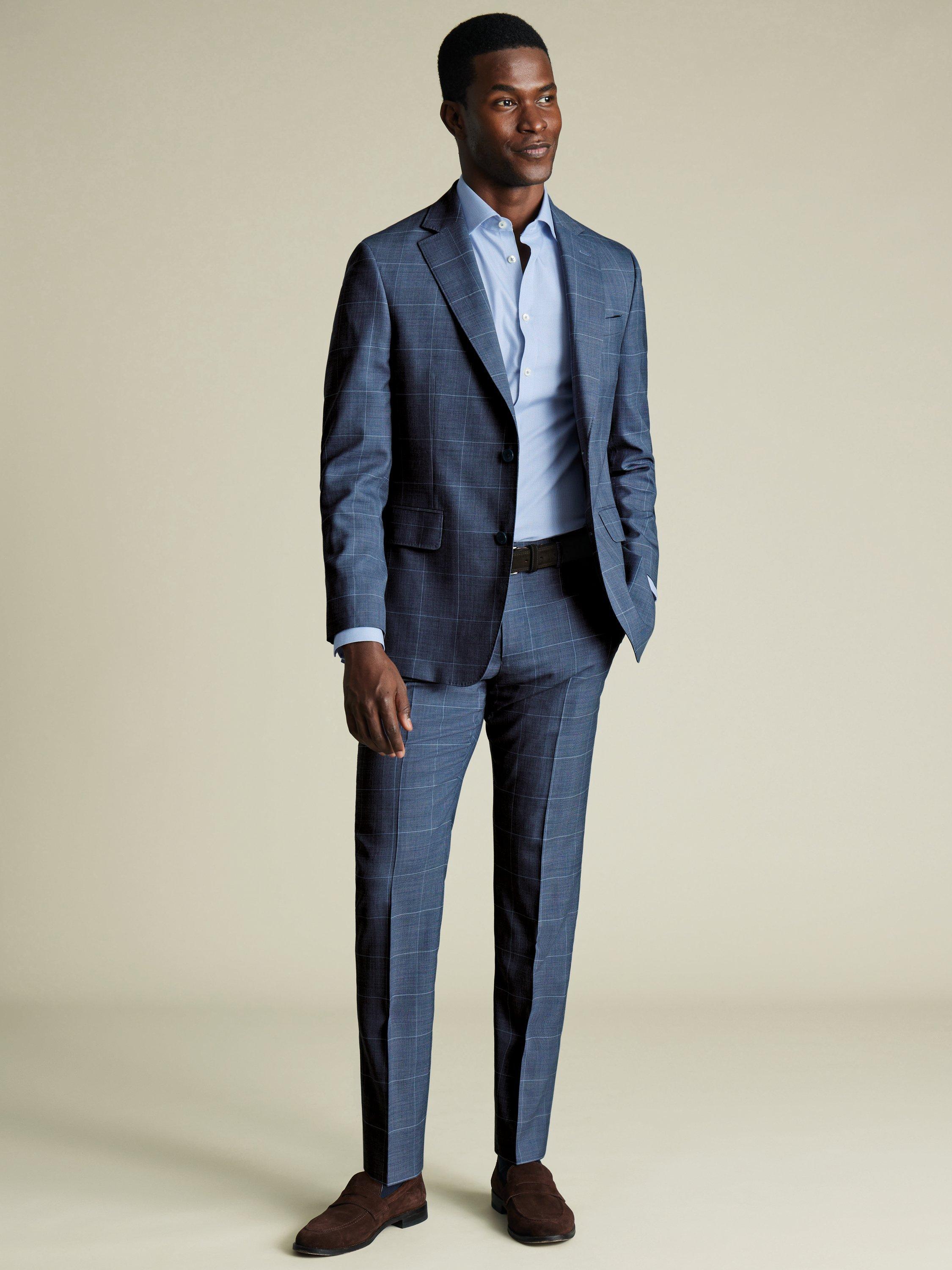 Product image 1 of 4, which shows Charles Tyrwhitt Check Wool Suit Trousers, Steel Blue, 30R