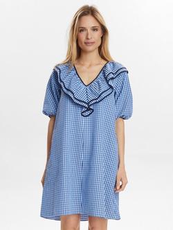 Numph Short Puff Sleeve Check Cotton Blend Mini Dress, Provence, Provence