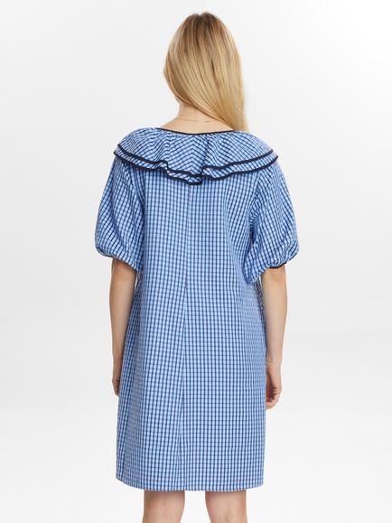 Numph Short Puff Sleeve Check Cotton Blend Mini Dress, Provence - view 2, Provence