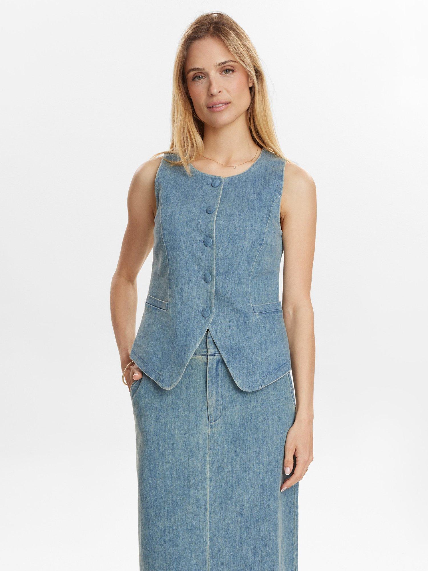 Product image 1 of 7, which shows Numph Round Neck Denim Waistcoat, Blue, 34
