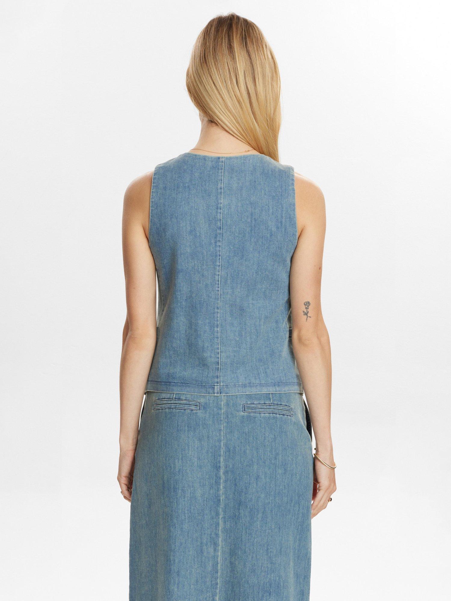 Product image 2 of 7, which shows Numph Round Neck Denim Waistcoat, Blue, 34