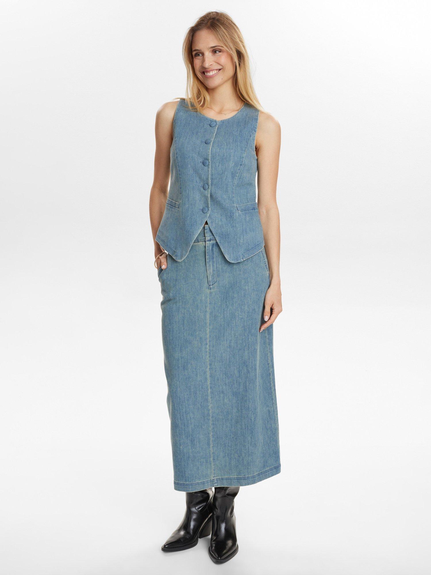 Product image 3 of 7, which shows Numph Round Neck Denim Waistcoat, Blue, 34